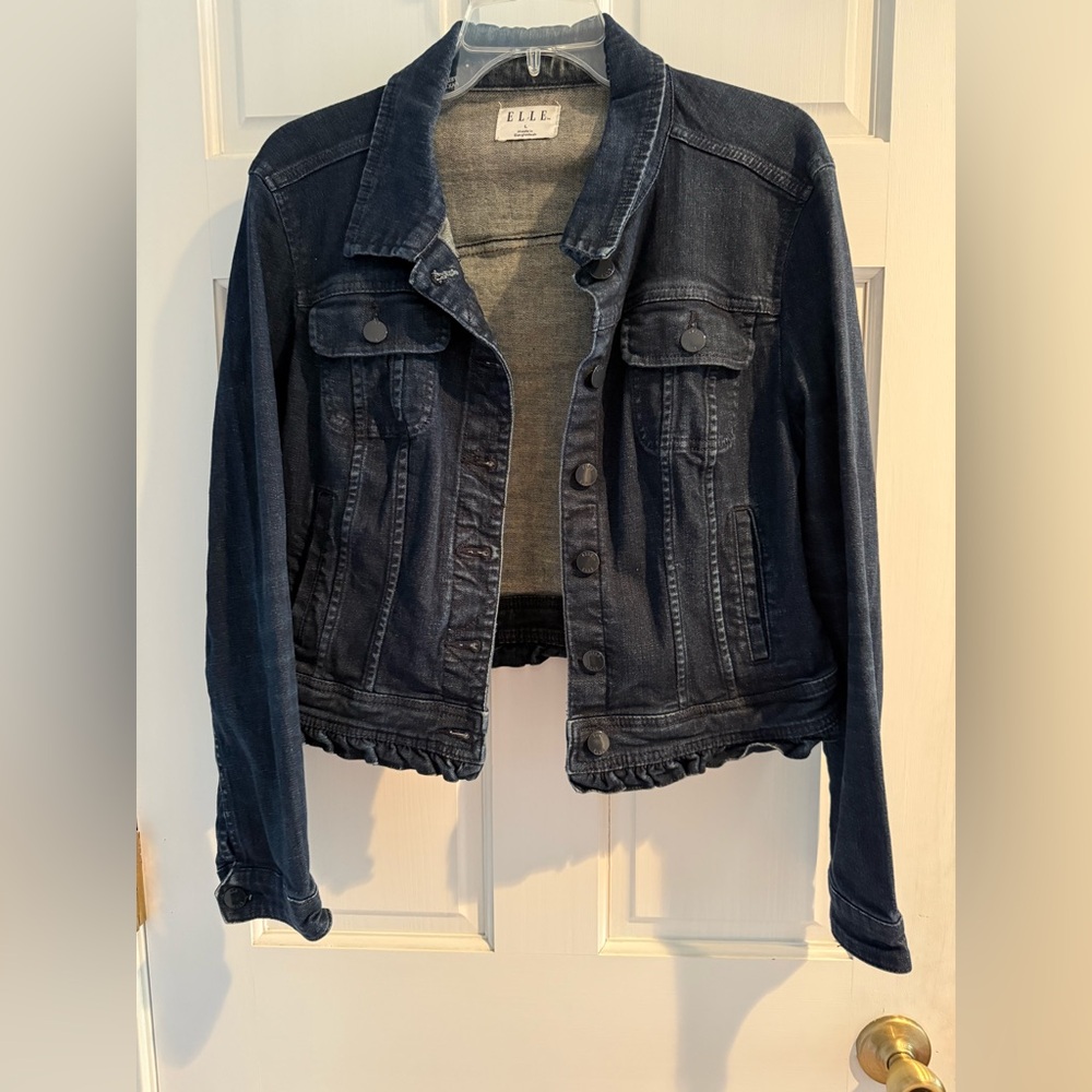 Elle Dark Blue Denim Button Down Crop Stretch Jean Jacket Size Large